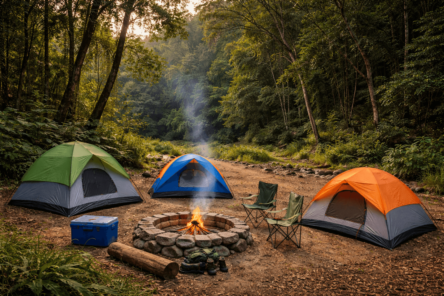 Camping scene with tents surrounded by tropical forest