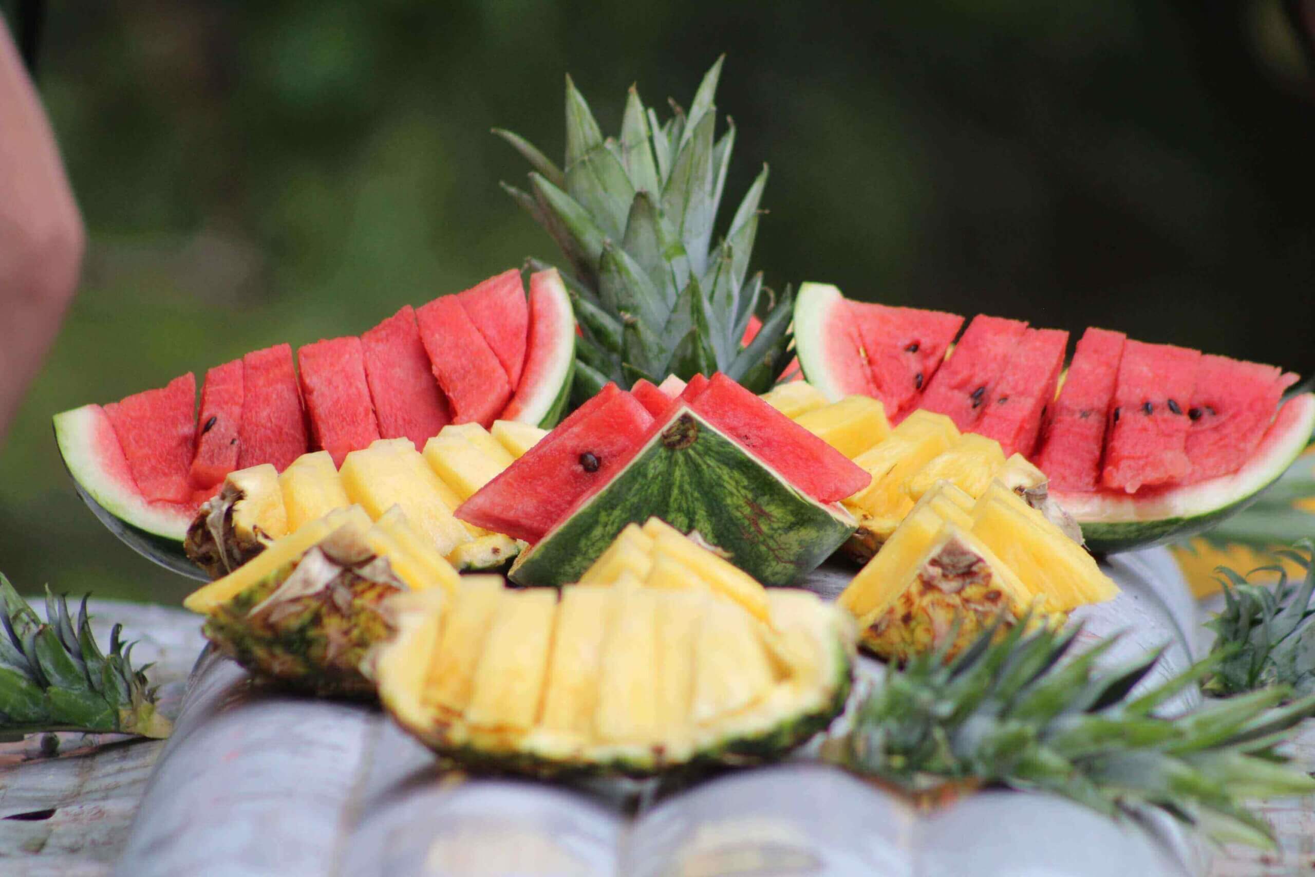 Fresh pineapple and watermelon served during a river adventure